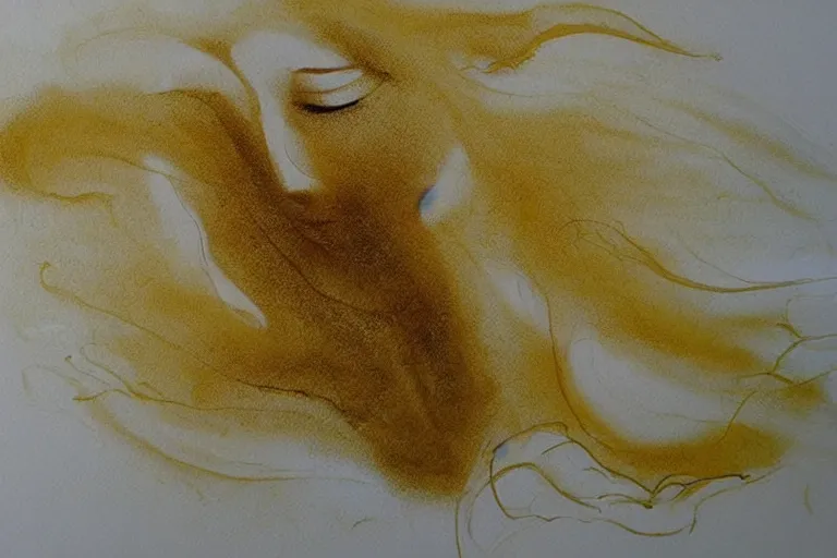 Image similar to beautiful serene swimming person, healing through motion, life, minimalistic golden and ink airbrush painting on white background