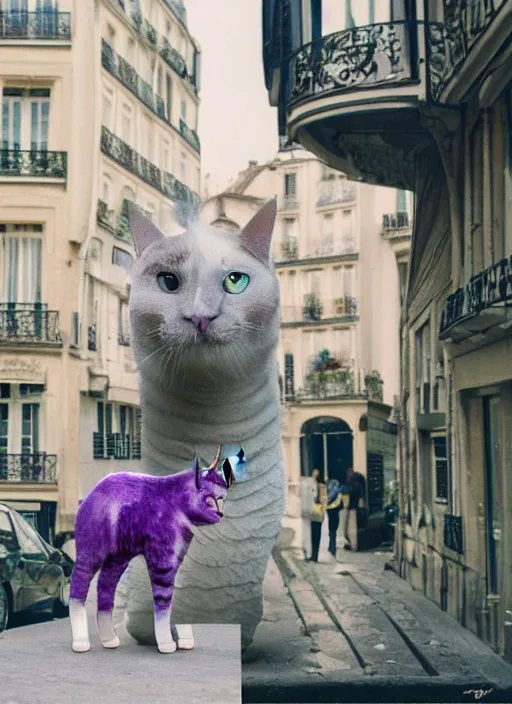 Prompt: a unicorn in paris, a cat and a piece of cabbage are bursting out of its horn, lsd, canon 5 d 5 0 mm lens kodachrome