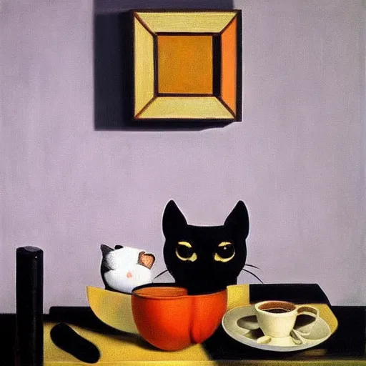 Image similar to highly detailed, 4k, oil painting of cats drinking coffee by Caravaggio, Matisse, and Rothko, surrealism, rendered by unreal engine