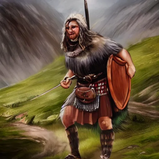 Image similar to highland warrior, mountain background, detailed clothing, low angle, charging down hill, mtg