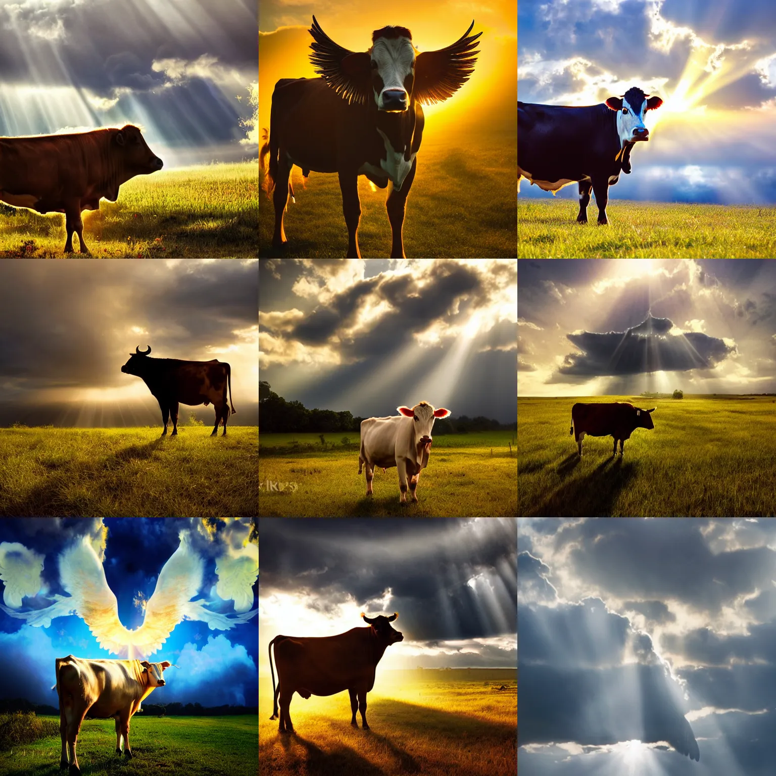 Prompt: a photograph of cow with angel wings angel wings and halo standing in cloudy heaven, golden light, god rays, breathtaking clouds