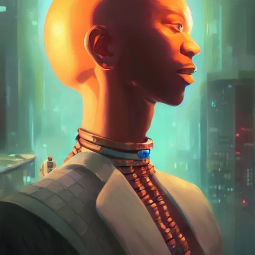 Image similar to bald afro - cyberpunk man manifesting dreams with ancestral magic in a modern world | hyperrealistic oil painting | by makoto shinkai, ilya kuvshinov, lois van baarle, rossdraws, basquiat | afrofuturism, in the style of surrealism, trending on artstation | dark color scheme