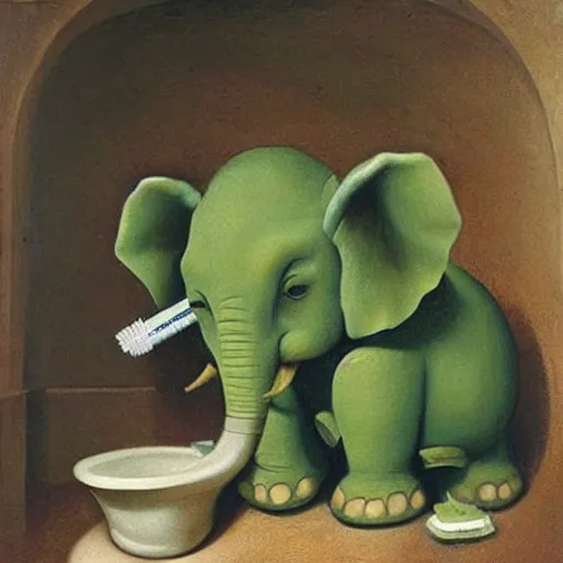 Image similar to cute little green elephant cleaning out a toilet with big toothbrush, dramatic, oil painting by Raphael