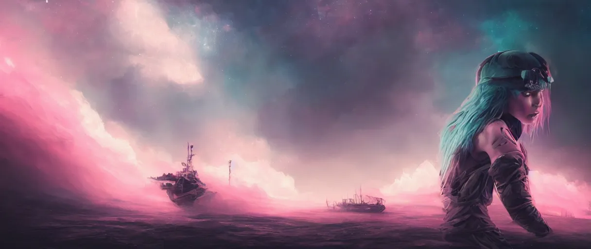 Prompt: beautiful clear faces by tom bagshaw, portrait big dark punk, arcteryx, pink, mohawk, space, hyperdetailed illustration, stars, neon, oil painting, rich deep colors masterpiece, ultra detailed, contrast, heaven pink, clouds, volumetric light, atmospheric lighting, pirate neon ship, cinematic, moody, octane render 4 k, 8 k