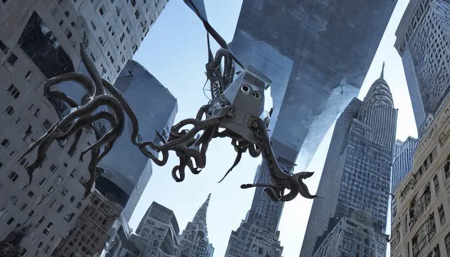Image similar to big budget movie about a robot octopus climbing the chrysler building as attack helicopters shoot at it