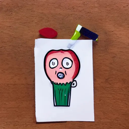 Image similar to a cute strawberry with two front teeth, holding a yellow toothbrush, in the style of roz chast