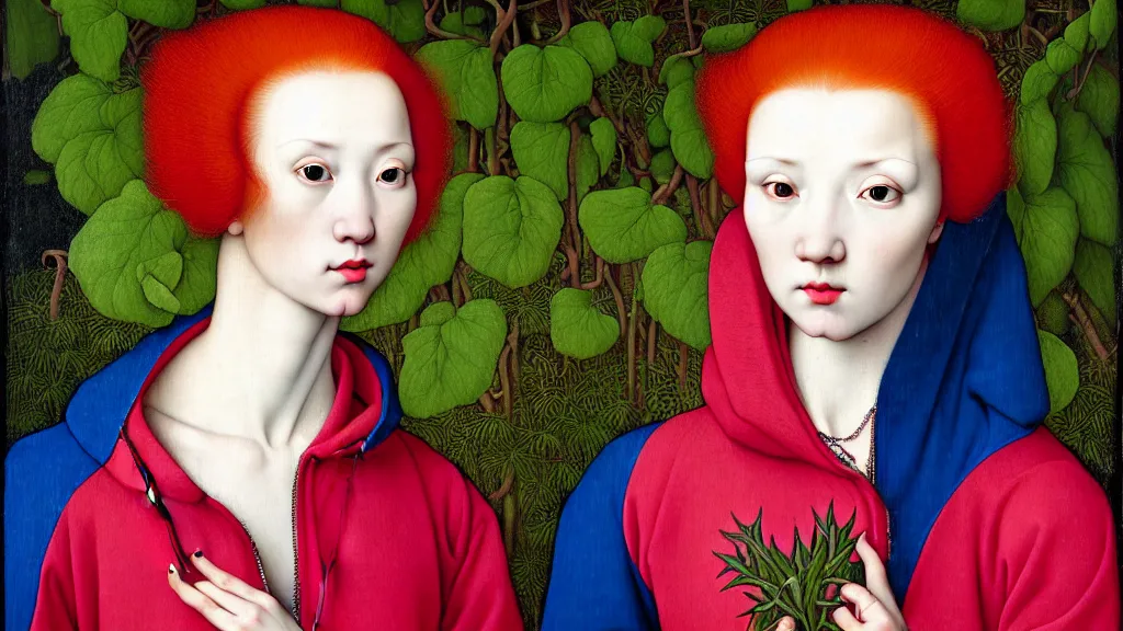 Prompt: portrait of a woman with red hair, wearing a neon blue hoodie, standing in a botanical garden, intricate details, high detail, in the style of rogier van der weyden and jacopo da pontormo, by mark ryden, punk, asian art,