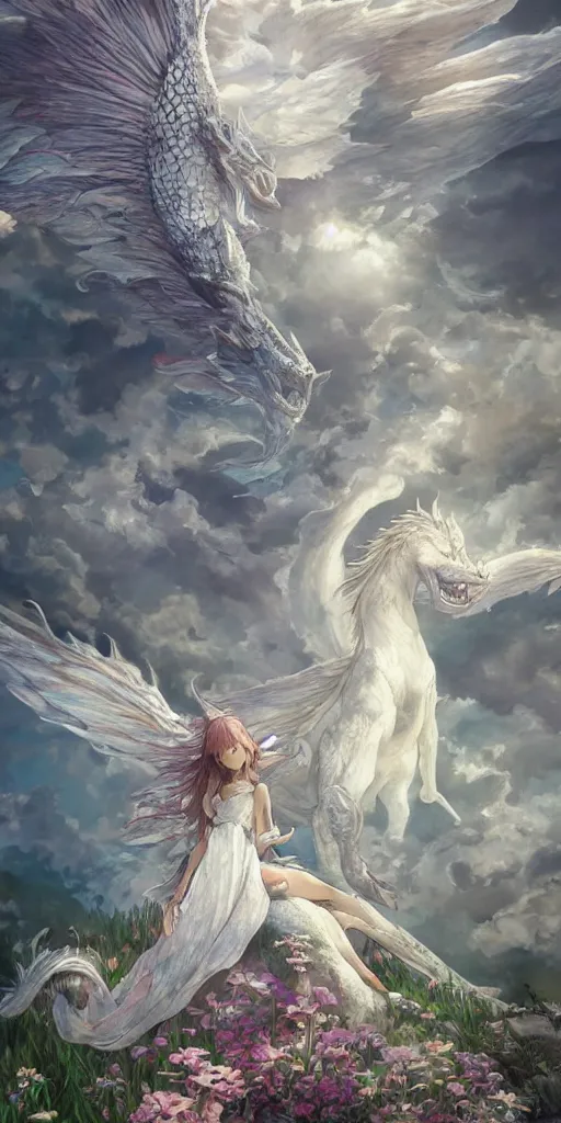 Image similar to the beautiful hyper detailed portrait render that a beautiful princess sitting on the back of a huge silver white dragon alone in fairyland surrounded by white clouds, finely detailed angelic face delicate features, style of studio ghibli, makoto shinkai, raphael lacoste, louis comfort tiffany, artgerm, james jean, ross tran, animation style, hd, ultra wide angle