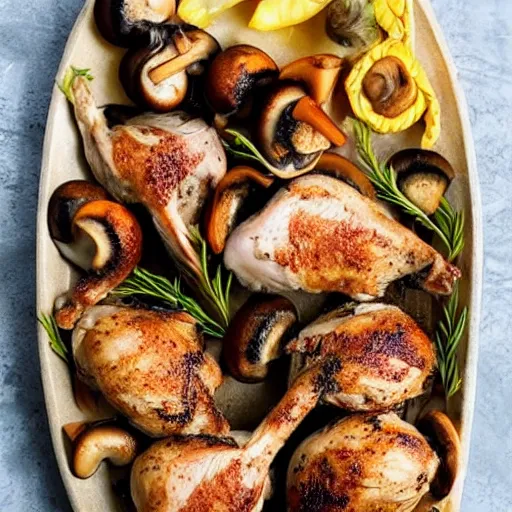 Prompt: delicious looking platter of roasted chicken thighs and huge mushrooms