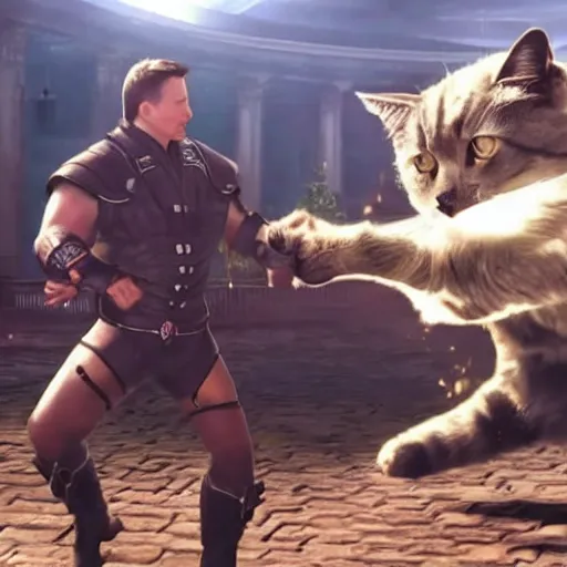 Image similar to elon musk fights a giant cat in mortal kombat