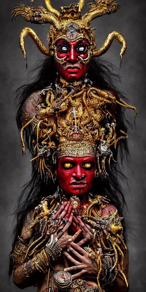 Prompt: award winning photo of supreme demon spirit, draped in shiny gold and silver, puking blood, red eyes wide open, india tika third eye, birds, rats, religious, mysticism, vivid colors, calm, symmetrical face, beautiful eyes, studio lighting, art by sally mann & arnold newman & roger ballen