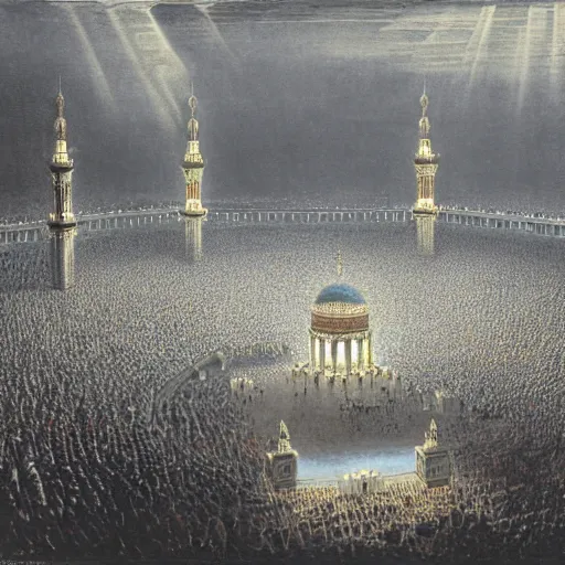 Prompt: painting of mecca on hajj day, highly detailed, volumetric lighting, god rays, by gustave dore and john collier