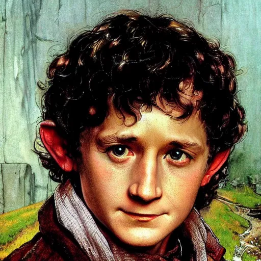 Prompt: Frodo Baggins head and shoulders portrait by norman Rockwell, epic