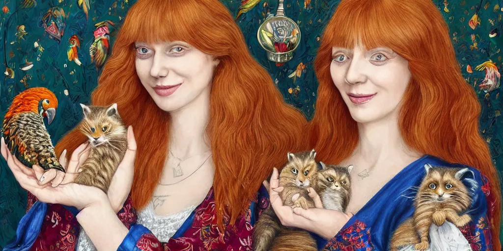 Image similar to a stunning hyper-detailed photorealistic painting of a slender beautiful smiling woman with long ginger hair and bangs, wearing a luxurious silk robe, wearing headphones and posing with her large ginger tabby cat and her raccoon and parrots in an overstuffed easy chair in her sunlit victorian living room, holding a porcelain parrot-shaped coffee mug and a donut, perfect eyes, fashion photography, cinematic lighting, octane render, IBEX Masters, unreal engine, 85 mm lens,