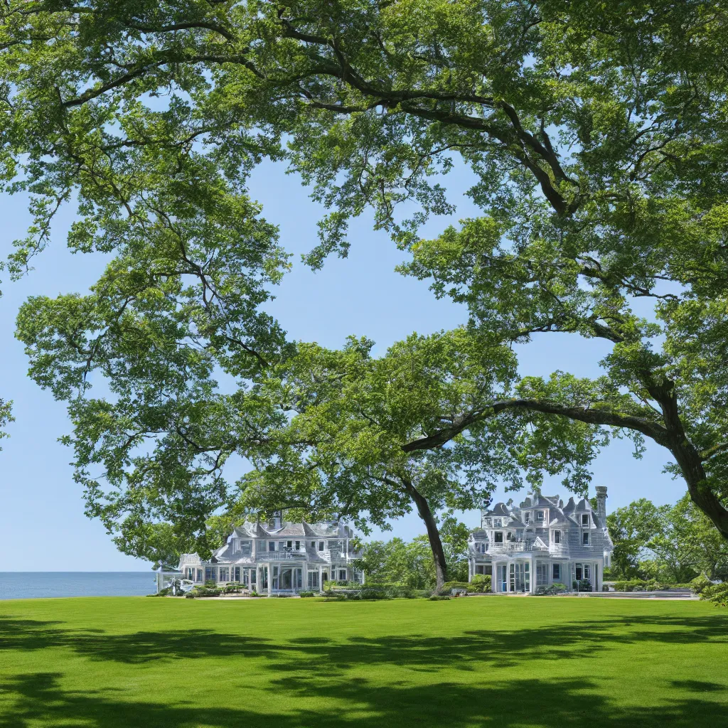 Image similar to hamptons mansion, cape cod architecture, trees and lake, photorealistic, high quality 8 k,