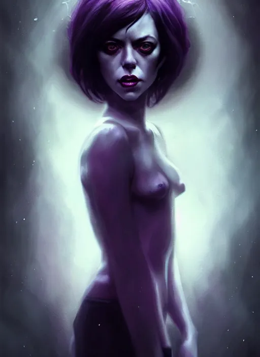 Prompt: stunning beautiful Aubrey Plaza dark witch, purple eyes, evil smile, black magic, realistic character concept, full body, sinister pose, scary magical background, illustration, slender symmetrical face, symmetrical eyes, realistic body, cinematic lighting, hyperdetailed, high resolution, Charlie Bowater, Tom Bagshaw, insanely detailed and intricate