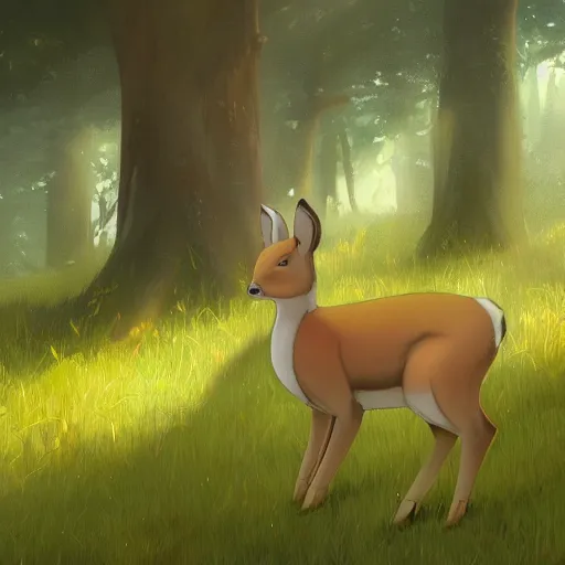 Image similar to concept art painting of an anthropomorphic chubby doe wearing yellow dress, in the deep forest, realistic, detailed, cel shaded, in the style of makoto shinkai and greg rutkowski and james gurney