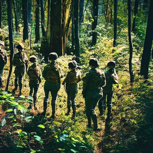 Image similar to group of female soldiers, searching through iridescent woods, makeshift camp, aerial photography, eerie, beautiful, stunning, intricate detail, cinematic, award winning photography