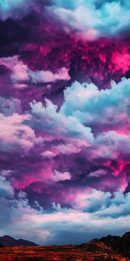 Prompt: high quality digital artwork of colorful purple red magical storm clouds around a tall mountain range