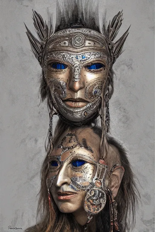 Prompt: portrait, headshot, digital painting, an beautiful techno - shaman lady in carved metal mask, realistic, hyperdetailed, chiaroscuro, concept art, art by frans hals