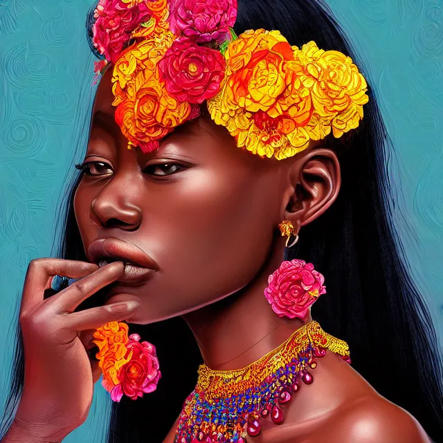 Image similar to studio portrait absurdly beautiful, elegant, lovely, young hypercolorful sensual african idol rubies red petals gems, ultrafine hyperrealistic detailed face illustration by kim jung gi, irakli nadar, intricate linework, sharp focus, bright colors, matte, octopath traveler, final fantasy, unreal engine highly rendered, global illumination, radiant light, intricate rainbow environment