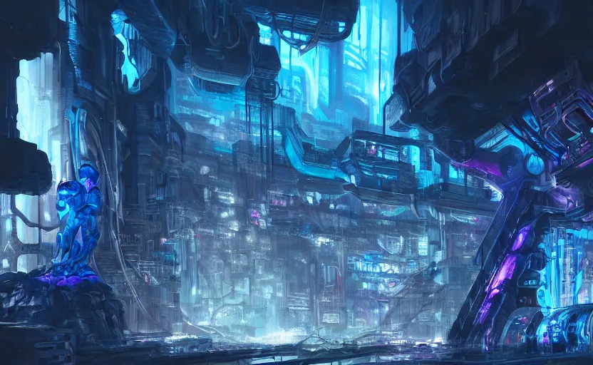 Image similar to cyberpunk factory in a dark cave, blue crystals, hyper detailed, realistic, intricate, concept art by frank hong, mate painting, artstation