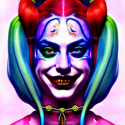 Image similar to an extremely psychedelic portrait of harley quinn as medusa, surreal, lsd, face, detailed, intricate, elegant, lithe, highly detailed, digital painting, artstation, concept art, smooth, sharp focus, illustration