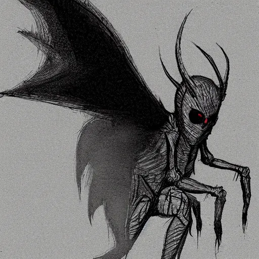 Prompt: a concept art of the mothman, horror vibe, creepy atmosphere, night time, old photo