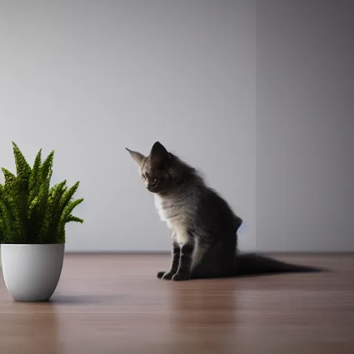 Image similar to a modern indoor room, clean architecture, some plants, peaceful, 8K octane render, a bat kitten sits there