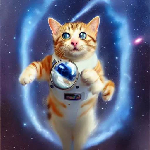 Image similar to A cat with beautiful blue eyes in a space suit flying over the Earth, oil painting, concept art, trending on artstation