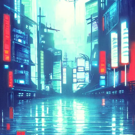 Image similar to high detailed cyberpunk rainy city at night with a torii in the background by Syd Mead, high quality, 4K, UHD, trending on ArtStation, blade runner vibes, ghost in the shell