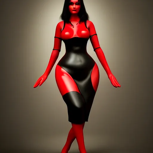 Prompt: a feminine curvy young hot demoness wearing a modest regal black-red latex-nylon dress, dark eyeshadow, eyelashes, cgsociety, photorealistic, sublime-hyperadvanced-seductive ambience, 16k, smooth, sharp focus, trending on ArtStation, volumetric lighting, fully clothed, thin waist