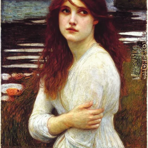 Image similar to lady of shallot by john william waterhouse, rosetti, monet, william holman hunt, 8 k