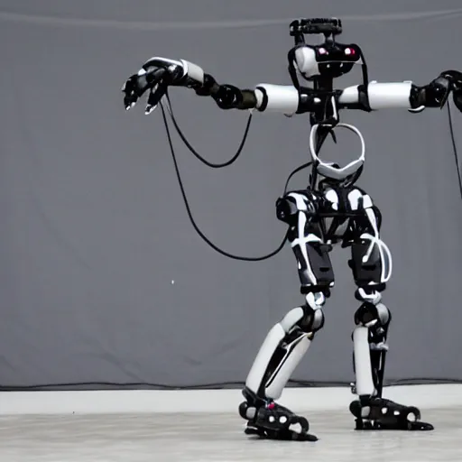 Prompt: boston dynamics humanoid robot dancing. dslr photo. press release