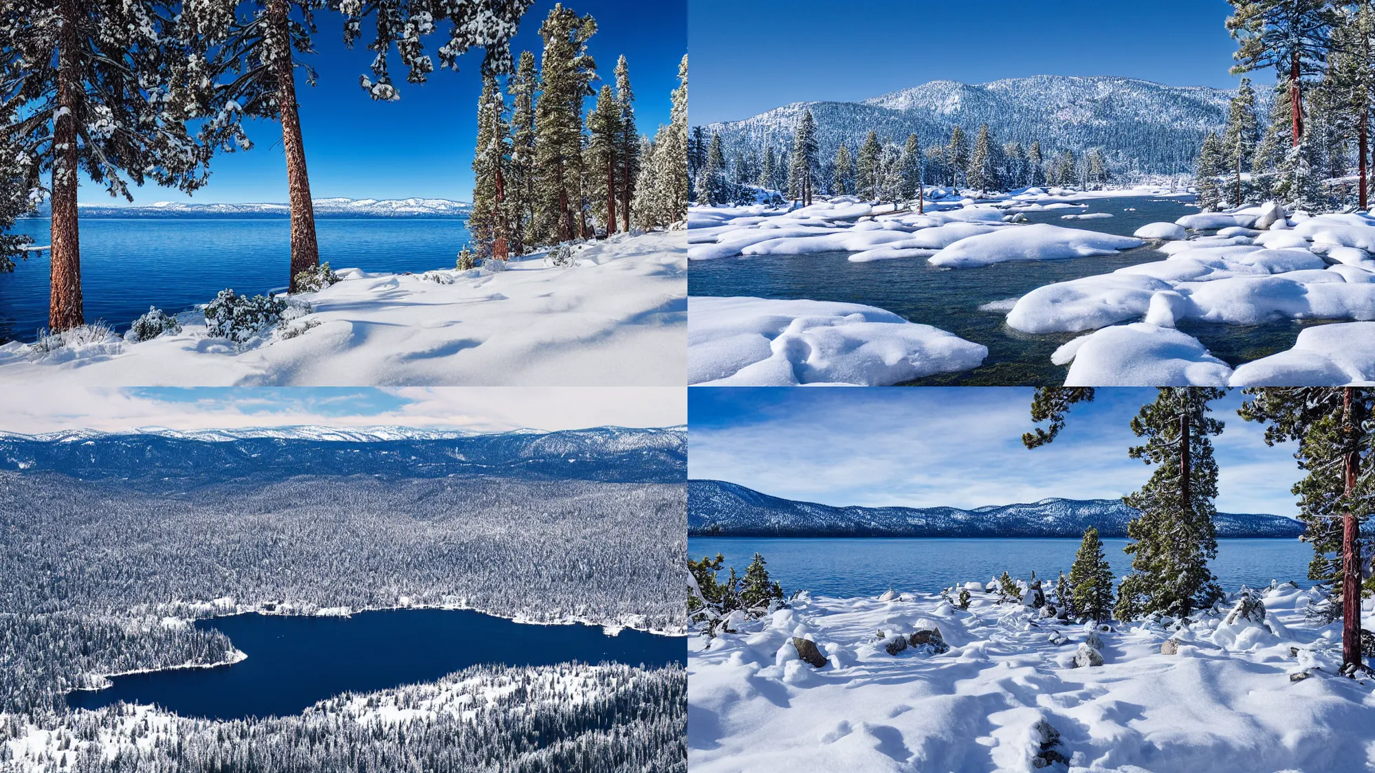 Prompt: photo of lake tahoe california covered in snow, highly detailed