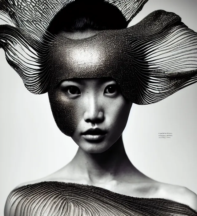 Image similar to photography face portrait of one female asian fashion model in rainforest, wearing one organic futurist shawl designed by iris van herpen,, creative colorfull - makeup, curly hair style half _ long, photography by paolo roversi nick knight, helmut newton, avedon, and araki, sky forest background, natural pose, highly detailed, skin grain detail