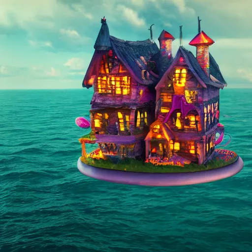 Image similar to a witches house made out of candy floating on the ocean, epic scene, fantasy, cinematic, redshift render, cgi, hyper - detailed, photo - bash, 8 k post - production, masterpiece