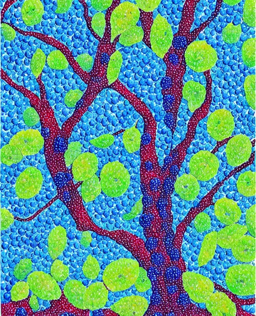 Image similar to a painting of a tree with blue berries on it, a pointillism painting by laurel burch, pinterest contest winner, mail art, vivid colors, whimsical, fauvism