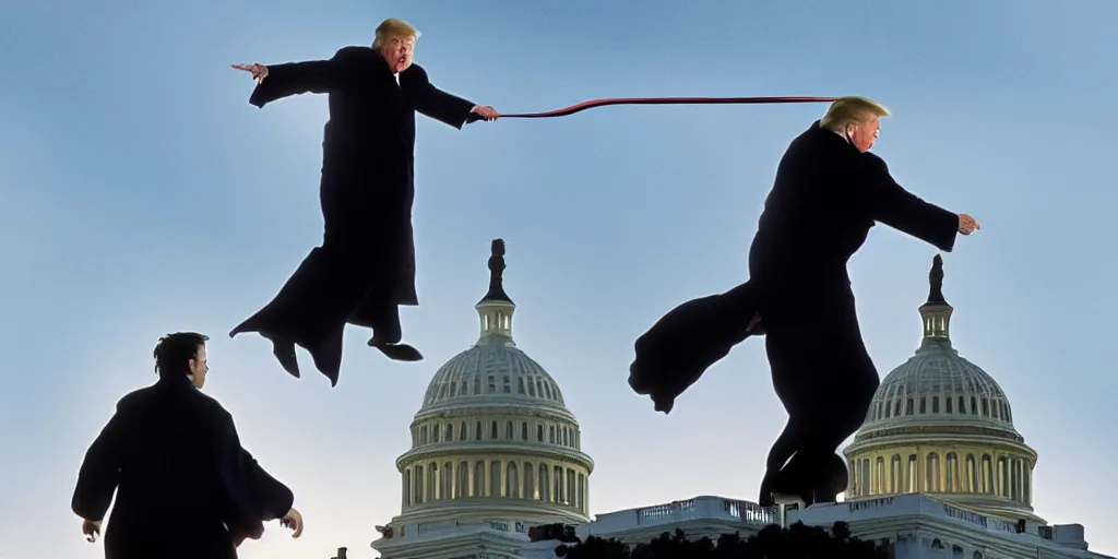 Image similar to a professional cinematic photo of donald trump fighting voldemort on top of white house. extremely high fidelity. key light.