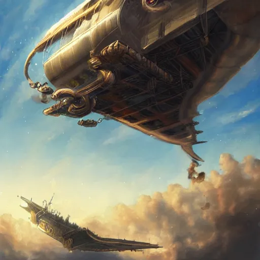 Image similar to a painting of a large steampunk airship fighting another airship in the sky, by charlie bowater, 4 k