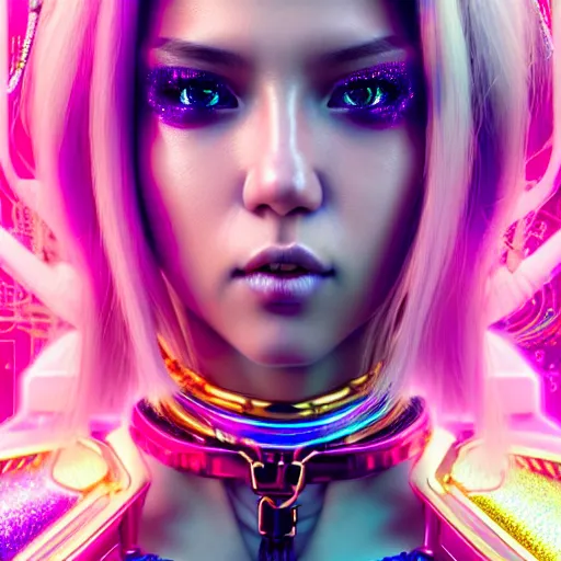 Prompt: hyperdetailed portrait of a stunningly beautiful cyberpunk cutie with blonde hair guard made of iridescent metals and shiny pink gems, bright rainbow nimbus, gold necklace, gold background inspired by ross tran and masamune shirow and kuvshinov, intricate, photorealistic, octane render, rtx, hdr, unreal engine, dnd digital art by artgerm