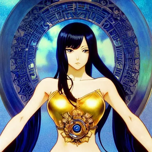 Image similar to highly detailed vfx portrait of nico robin by ( eiichiro oda ), makoto shinkai, alphonse mucha, sharp focus, art by artgerm and greg rutkowski!, backlit, harsh overhead sunlight, blue eyes!!, large aquiline nose!!, stanley kybric, kaoru mori, detailed, best of behance,