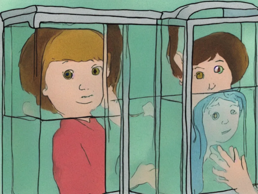 Prompt: a depiction of a introverted child in s glass box