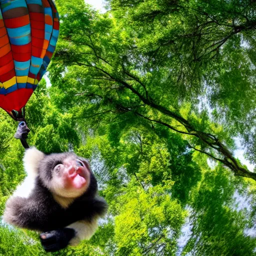 Image similar to gibbon hanging upside down from rope attached to hot - air balloon, smiling at camera, exaggerated perspective