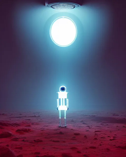 Image similar to a robot standing in front of a glowy open door that's on a barren moon, poster art by mike winkelmann, trending on cg society, space art, sci - fi, ue 5, futuristic, volumetric lighting, light casting onto the ground, neat composition and camera angle