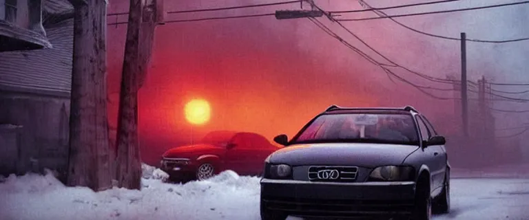 Image similar to Audi A4 B6 Avant (2002), a gritty neo-noir, dramatic lighting, cinematic, eerie person, death, homicide, homicide in the snow, gunshots, establishing shot, extremely high detail, photorealistic, cinematic lighting, artstation, by simon stalenhag, Max Payne (PC) (2001) winter New York at night, In the style of Max Payne 1 graphic novel, flashing lights, Poets of the Fall - Late Goodbye