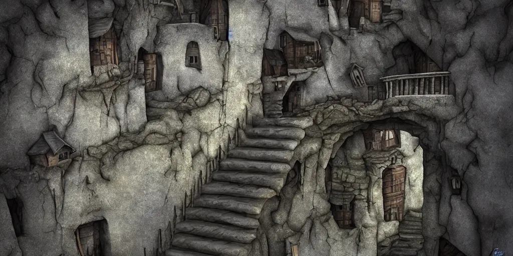 Image similar to very a deep chasm, houses are carved into the sidewalls, long winding stairs going down, 8 k, shallow depth of field, moody lighting, ultra high detail, concept art,