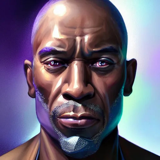 Image similar to a portrait of a muscular older black man with cornrows and a purple suit with a monocle on, D&D, sci-fi, elegant, hopeful, muscular, highly detailed, digital painting, artstation, concept art, smooth, sharp focus, illustration