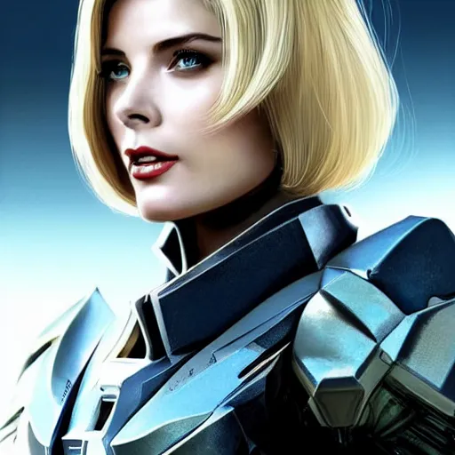 Prompt: A combination of Ashley Greene's and Ada Wong's and Grace Kelly's appearances with blonde hair wearing Forerunner armor from Halo, high tech, action shot, angular, full body portrait, futuristic, dramatic, fantasy, intricate, elegant, highly detailed, artstation, matte, sharp focus, 8K, art by Artgerm and Greg Rutkowski and Alphonse Mucha