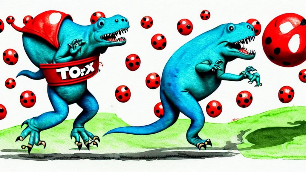 Prompt: cute and funny, t - rex wearing a t - shirt dancing with a ladybug of the same size, ratfink style by ed roth, centered award winning watercolor pen illustration, isometric illustration by chihiro iwasaki, edited by range murata, tiny details by artgerm and watercolor girl, symmetrically isometrically centered